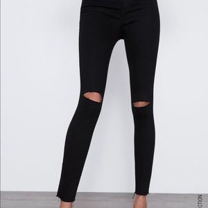 Zara black raw hem ripped knee high rise jean